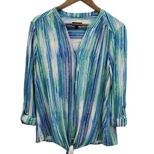 Cocomo Womens L Blue Green Striped Tie Front Roll Tab Sleeve Casual Blouse Top